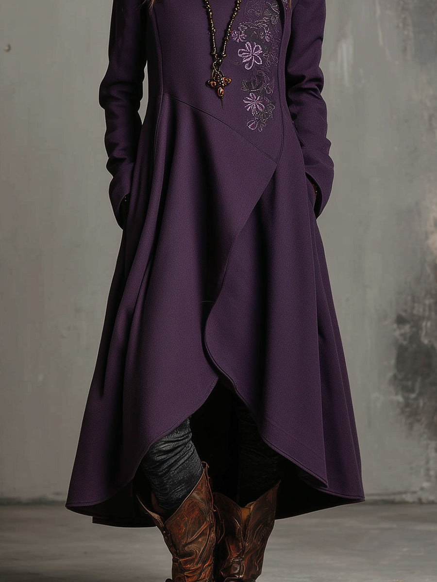 Retro Embroidered Ruffled High Low Hem Woolen Coat - Fashionpara