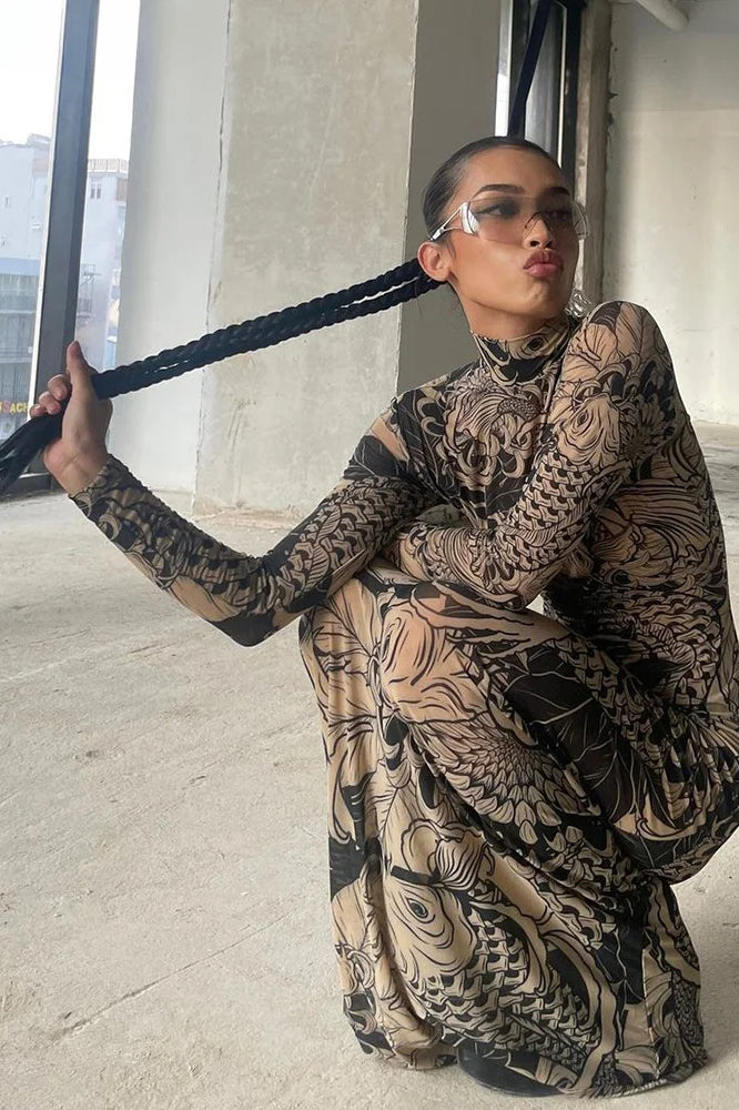 Graphic Print Mesh High Neck Long Sleeve Maxi Dress 5