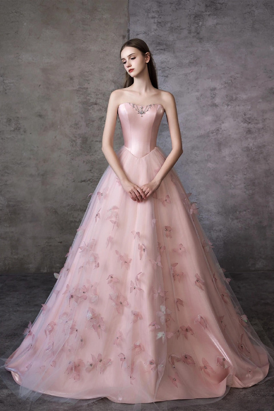 Satin Strapless Beaded Floral Appliqué Tulle Ball Gown