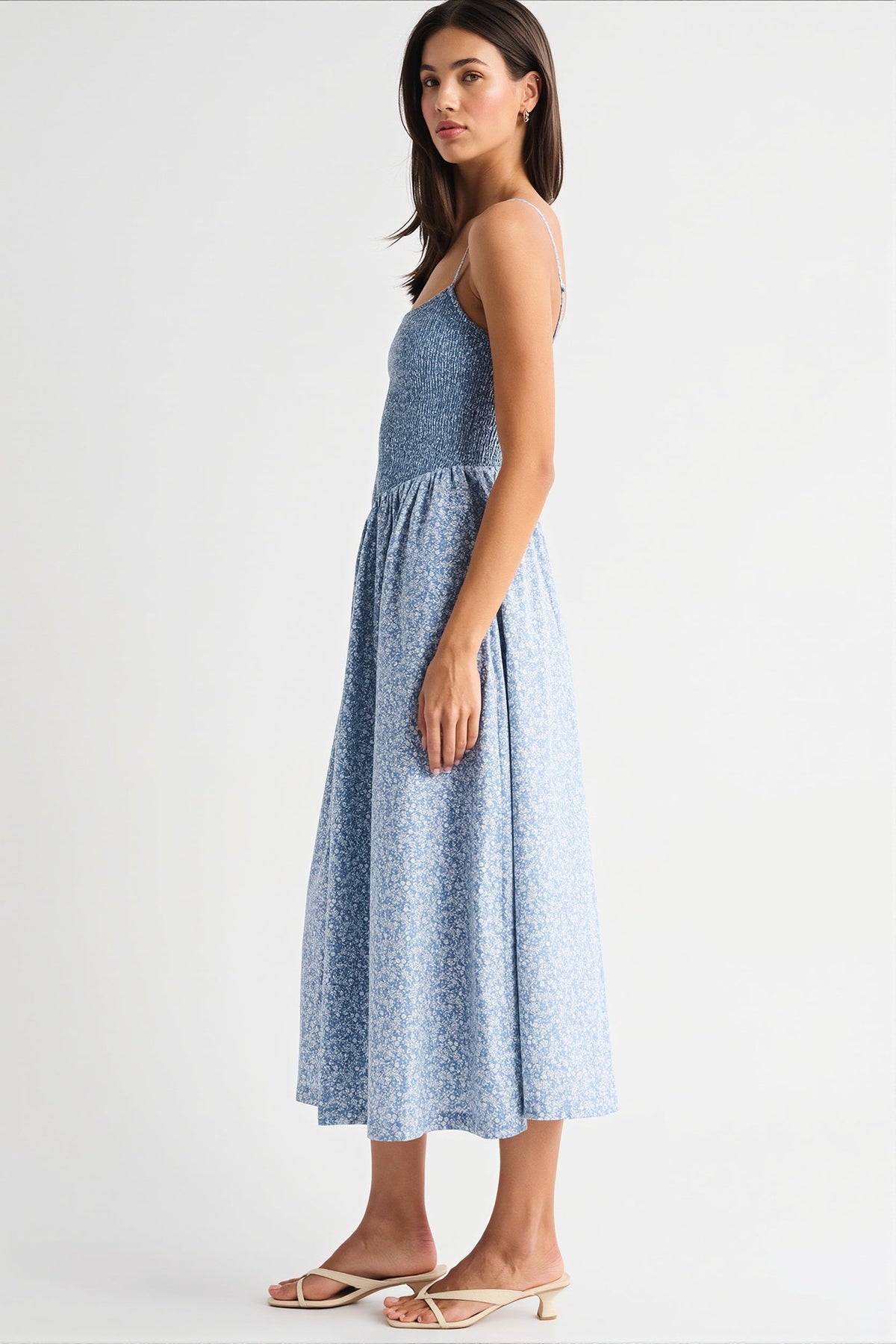 Striped Shirred Bodice A-Line Midi Dress