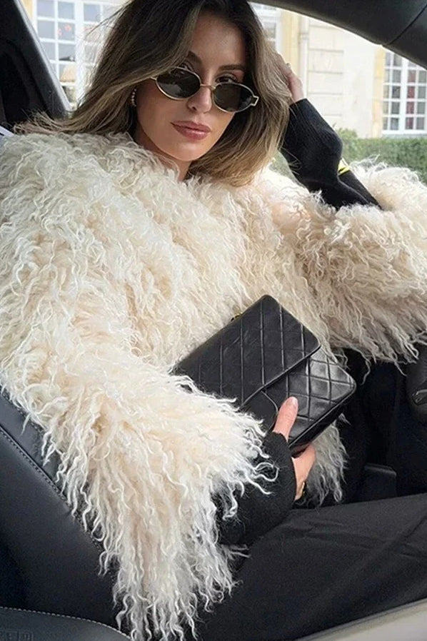White Faux Fur Lapel Coat - Fashionpara
