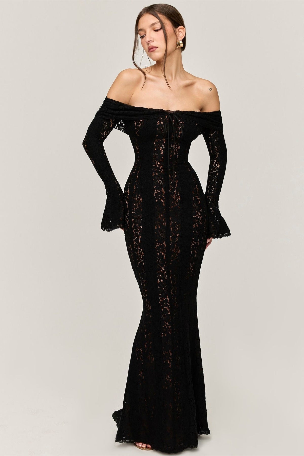 Lace Off Shoulder Long Sleeve Corset Midi Dress