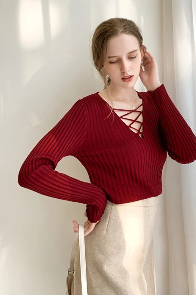 Slim Fit Lace Up V Neck Sweater