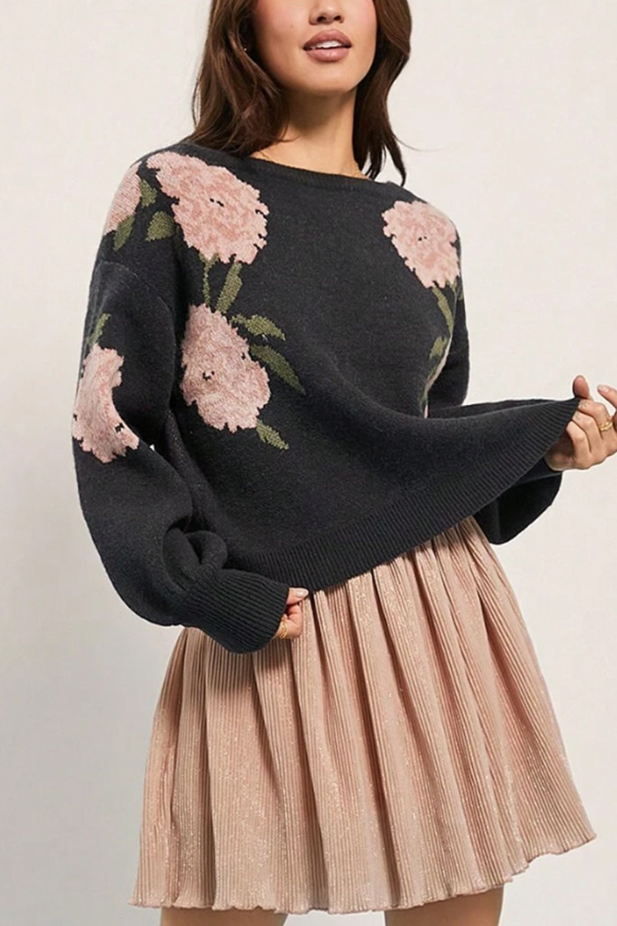 Off Shoulder Floral Knit Sweater