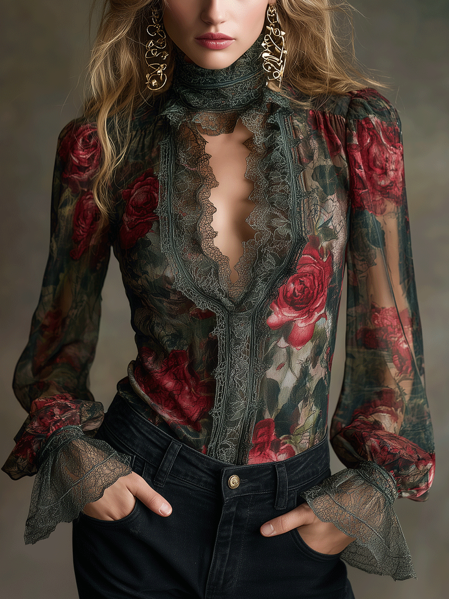 Vintage Romantic Rose Floral Lace Sheer Blouse