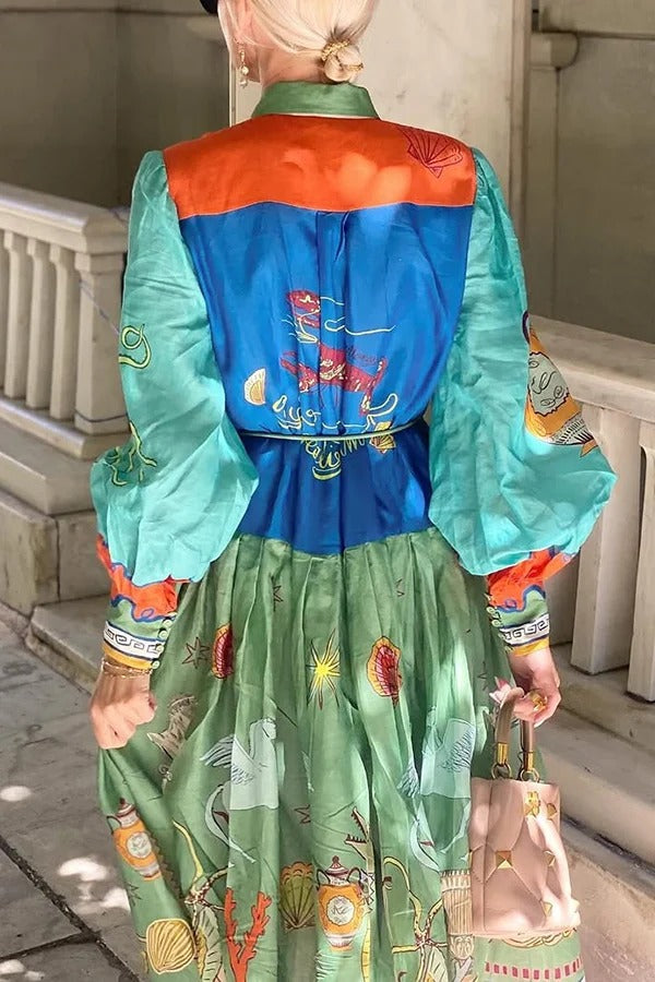 Puts A Smile Unique Print Lapel Lantern Sleeve Waist Tie Midi Dress - Fashionpara