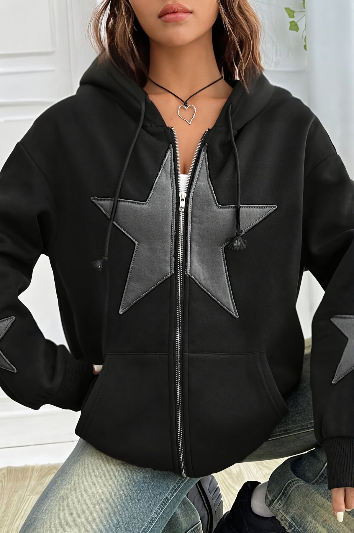 Star Contrast Oversize Zip Hoodie 6