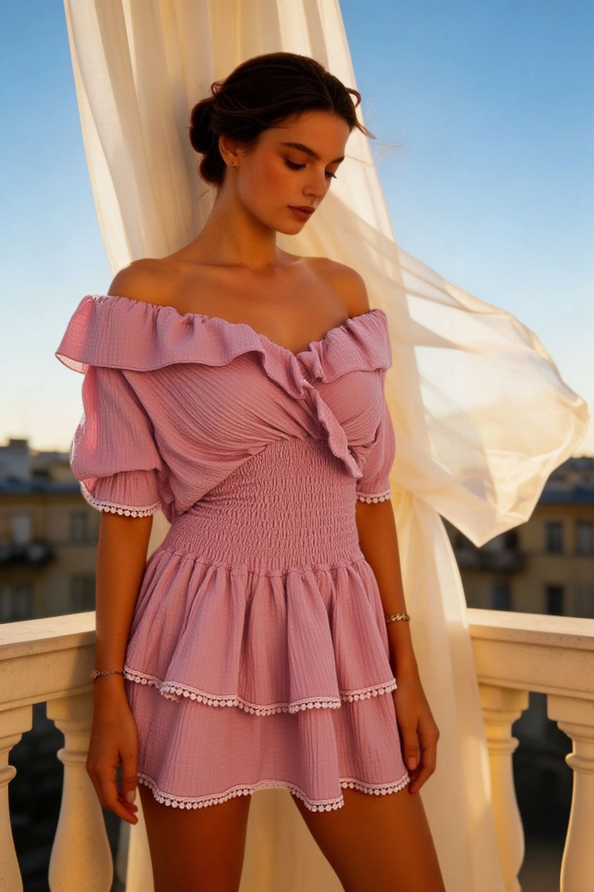 Off Shoulder Lace Trim Shirred Tiered Mini Dress
