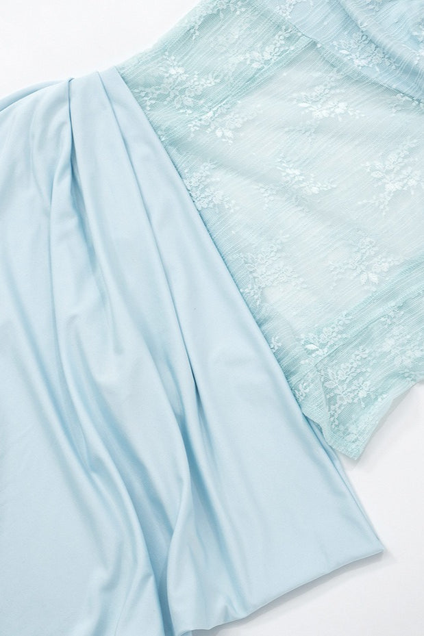 Lace Corset Sheer Bodice Draped Satin Maxi Dress