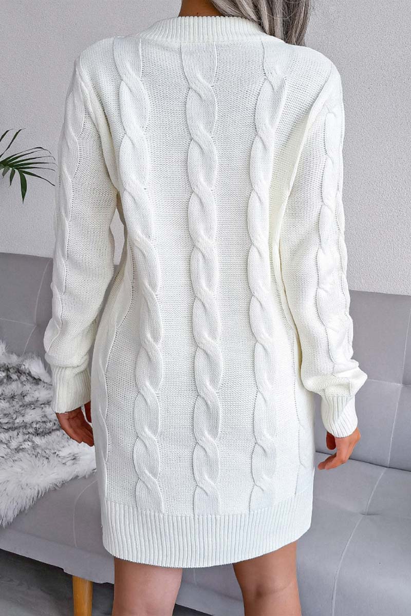 Solid Cable-knit Round Neck Sweater Dress  Fashionpara