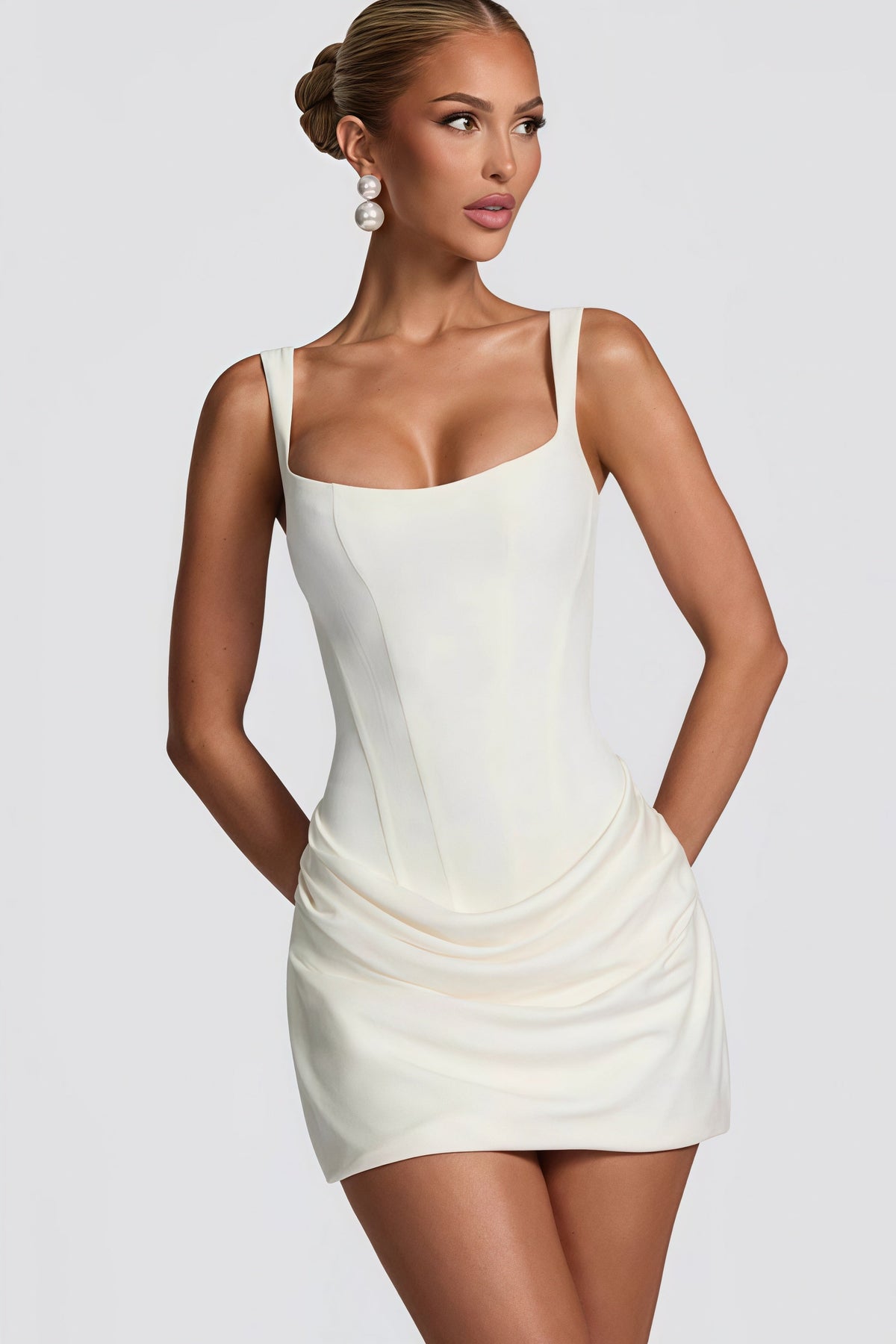 Satin Square Neck Draped Bodycon Mini Dress