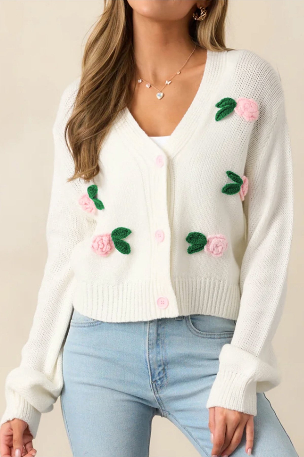 Elegant 3D Flower Buttoned Knit Cardigan for Stylish Comfort