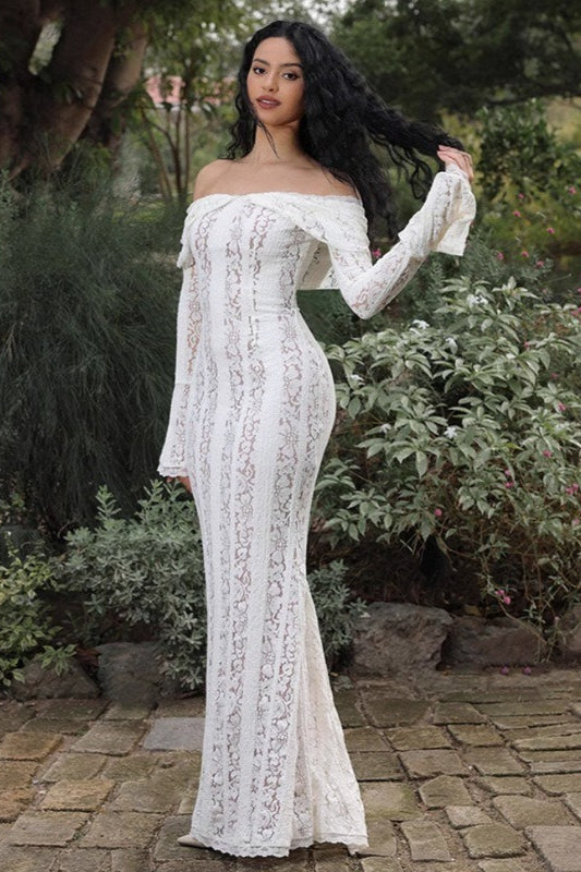 Lace Off Shoulder Long Sleeve Mermaid Gown 3