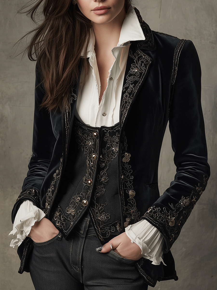Velvet Embroidered Single Button Blazer