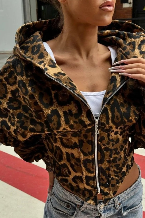 Street Style Leopard Print Hoodie Coat