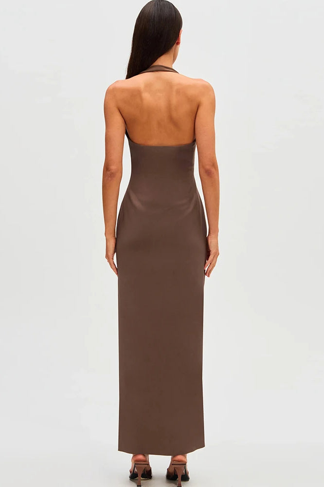 Deep Plunge Halter Neck Ruched Bodycon Maxi Dress 4