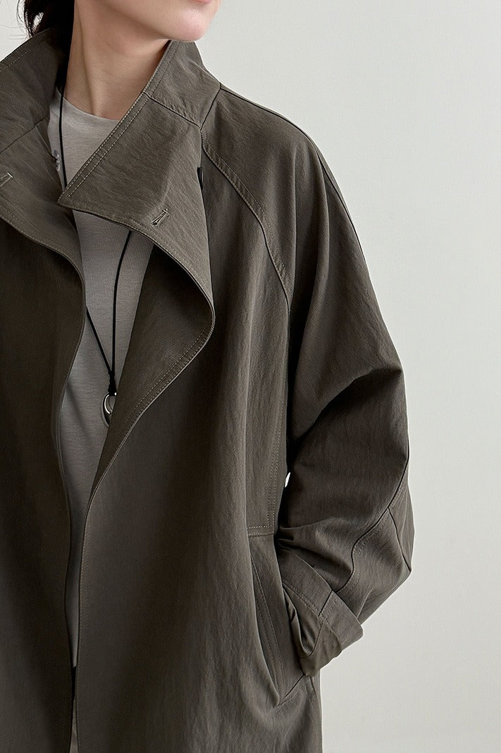 Sophisticated British-Style Mid-Length Stand-Collar Trench Coat