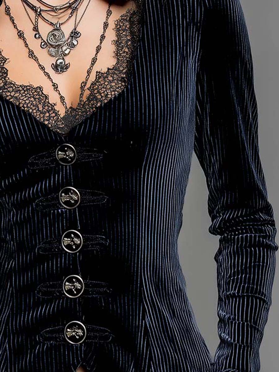 Lace V-neck Flared Cuffs Vintage Velvet Shirt - Fashionpara