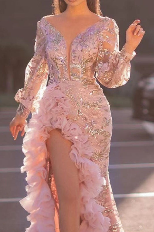 Sequin Embroidered Deep V-Neck Long Sleeve High Split Maxi Gown - View 2