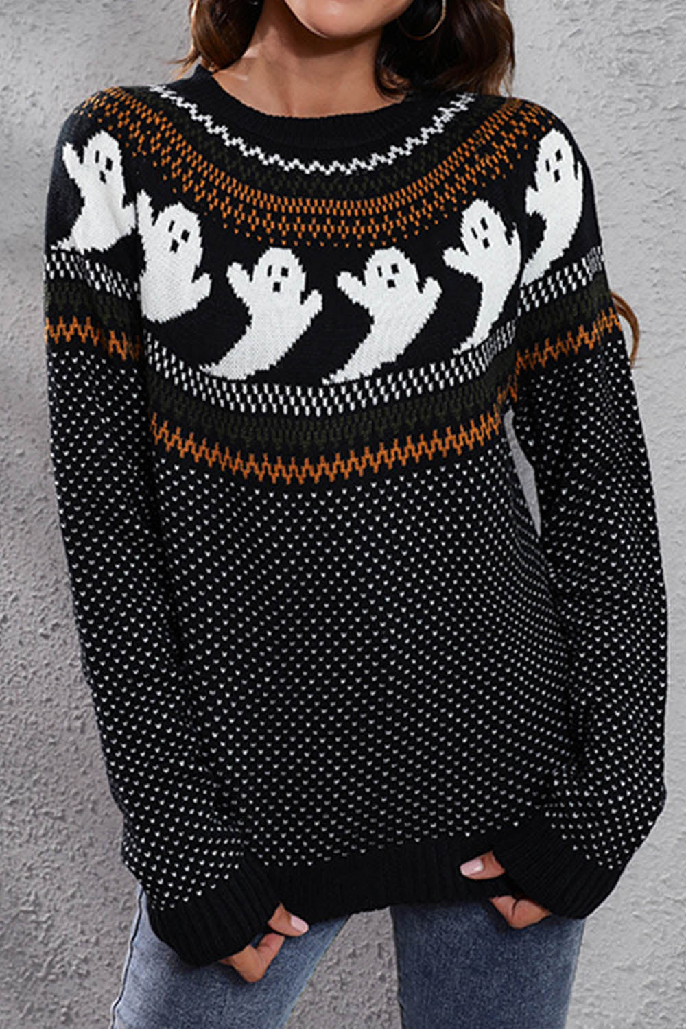Halloween Ghost Retro Polka Dot Long Sleeve Knitted Sweater - Fashionpara