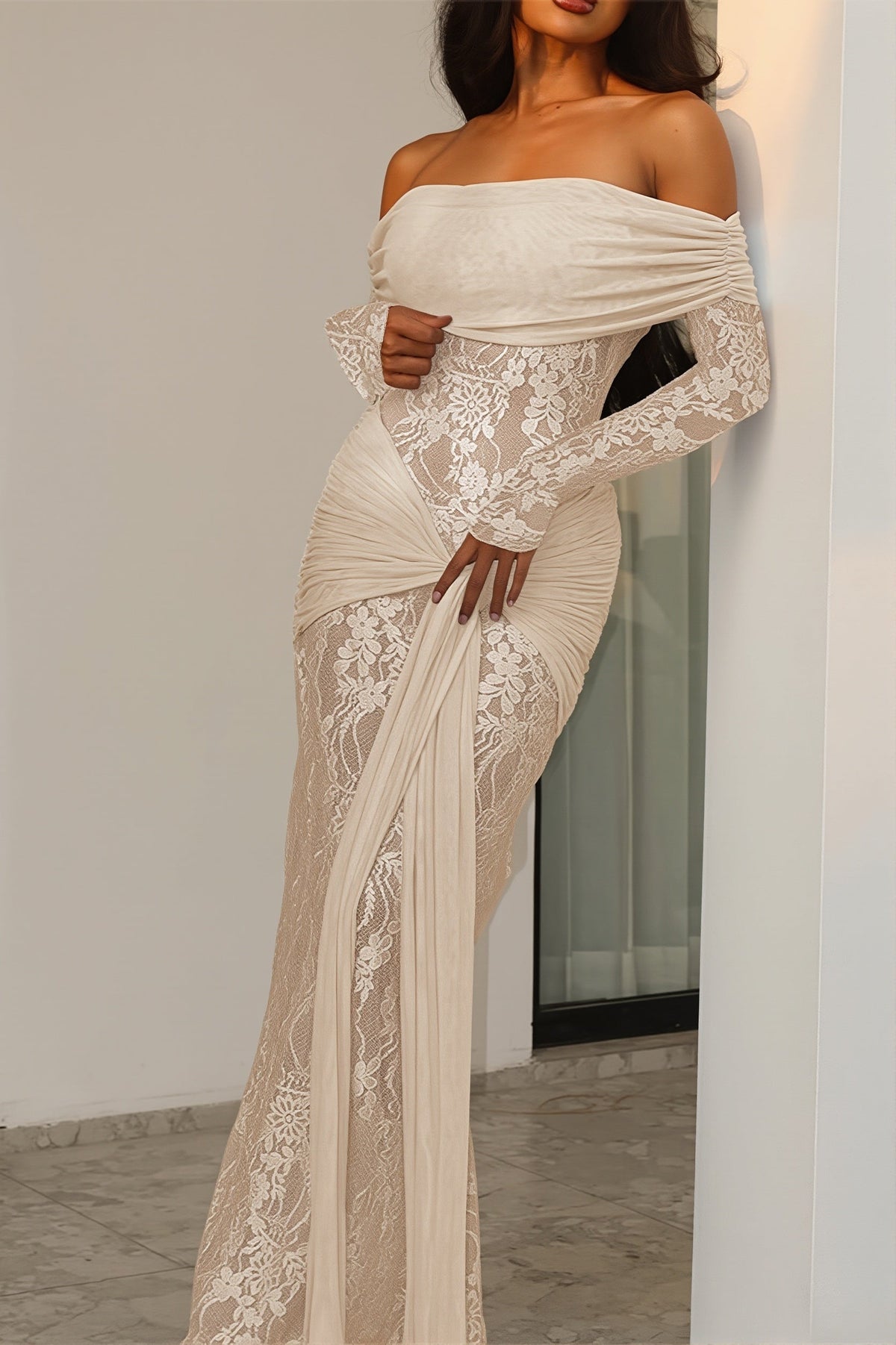 Sheer Lace Off Shoulder Long Sleeve Wrap Maxi Gown 3