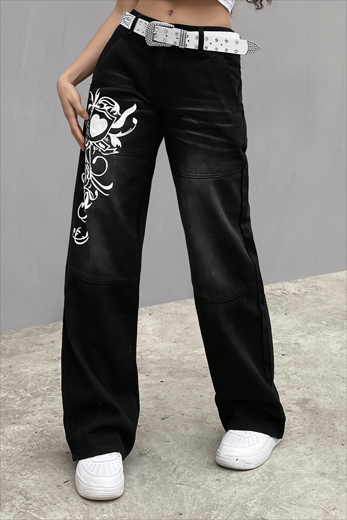 Graphic Print Relaxed Wide Leg Jeans