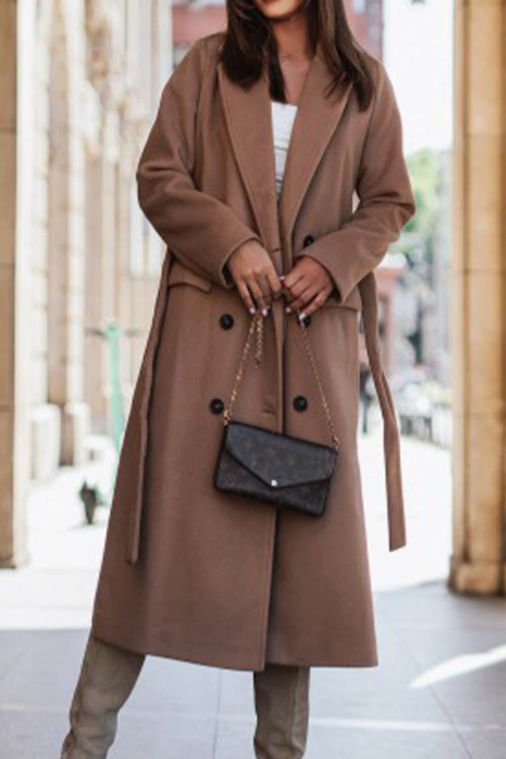 Simple Long Sleeve Suit Collar Lace Up Woolen Coat - Fashionpara