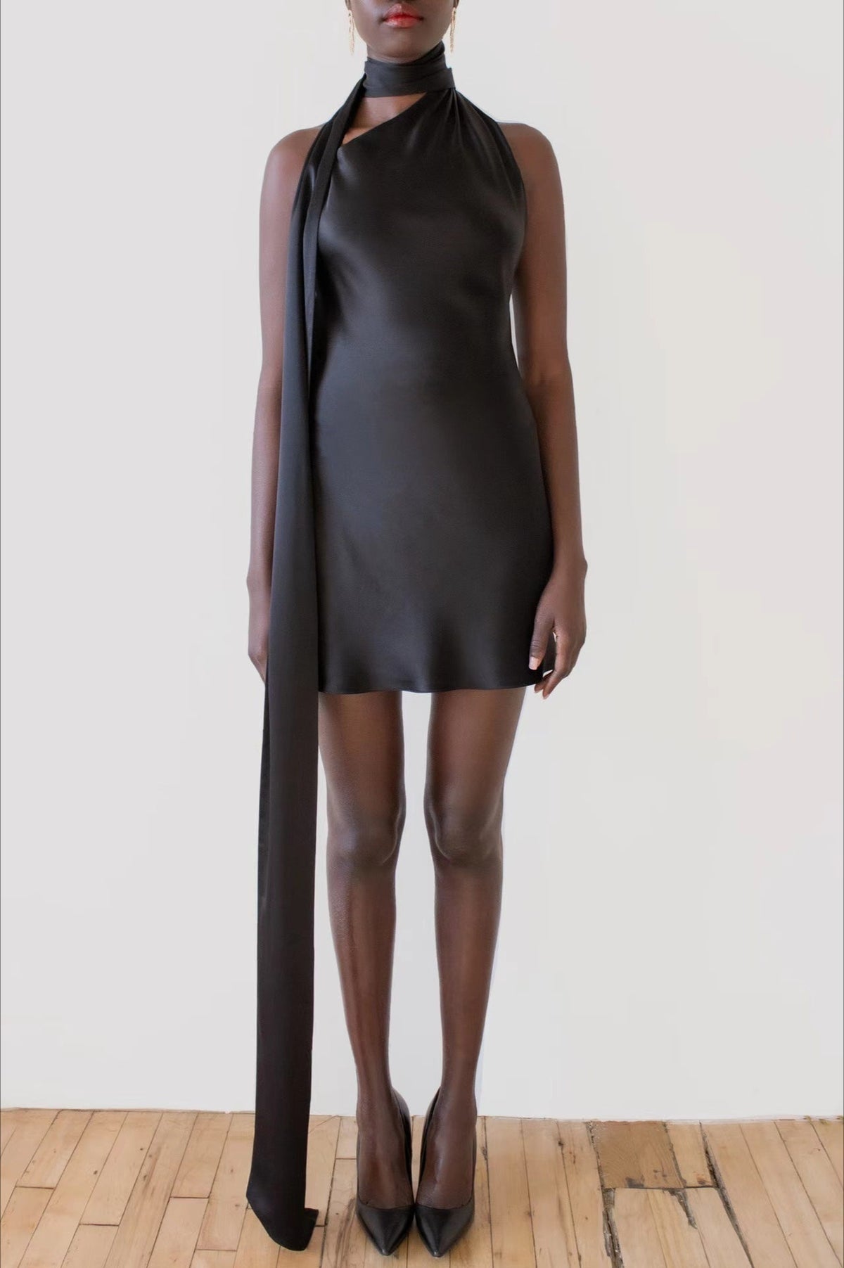 Satin High-Neck Scarf-Tie Backless A-Line Mini Dress 3