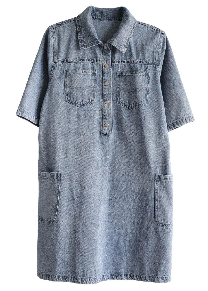 Denim Collared Button Front Patch Pocket Short Sleeve Shift Mini Dress - View 5