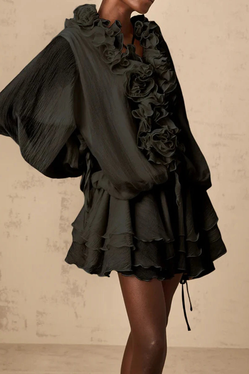 Floral Appliqué V-Neck Long Sleeve Tiered Mini Dress 6