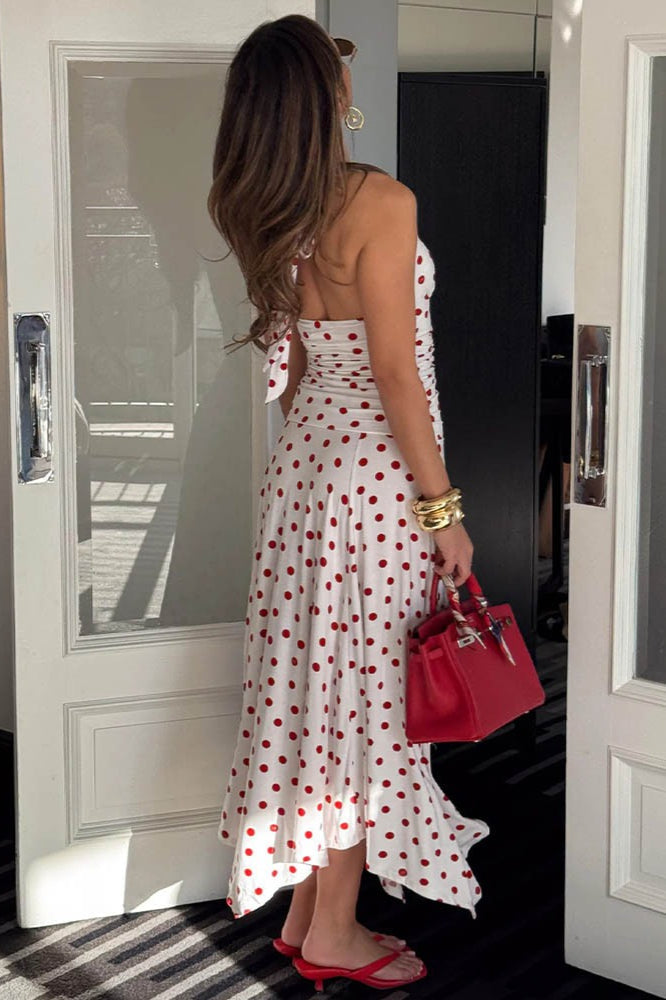 Polka Dot Halter V-Neck Ruched Maxi Dress