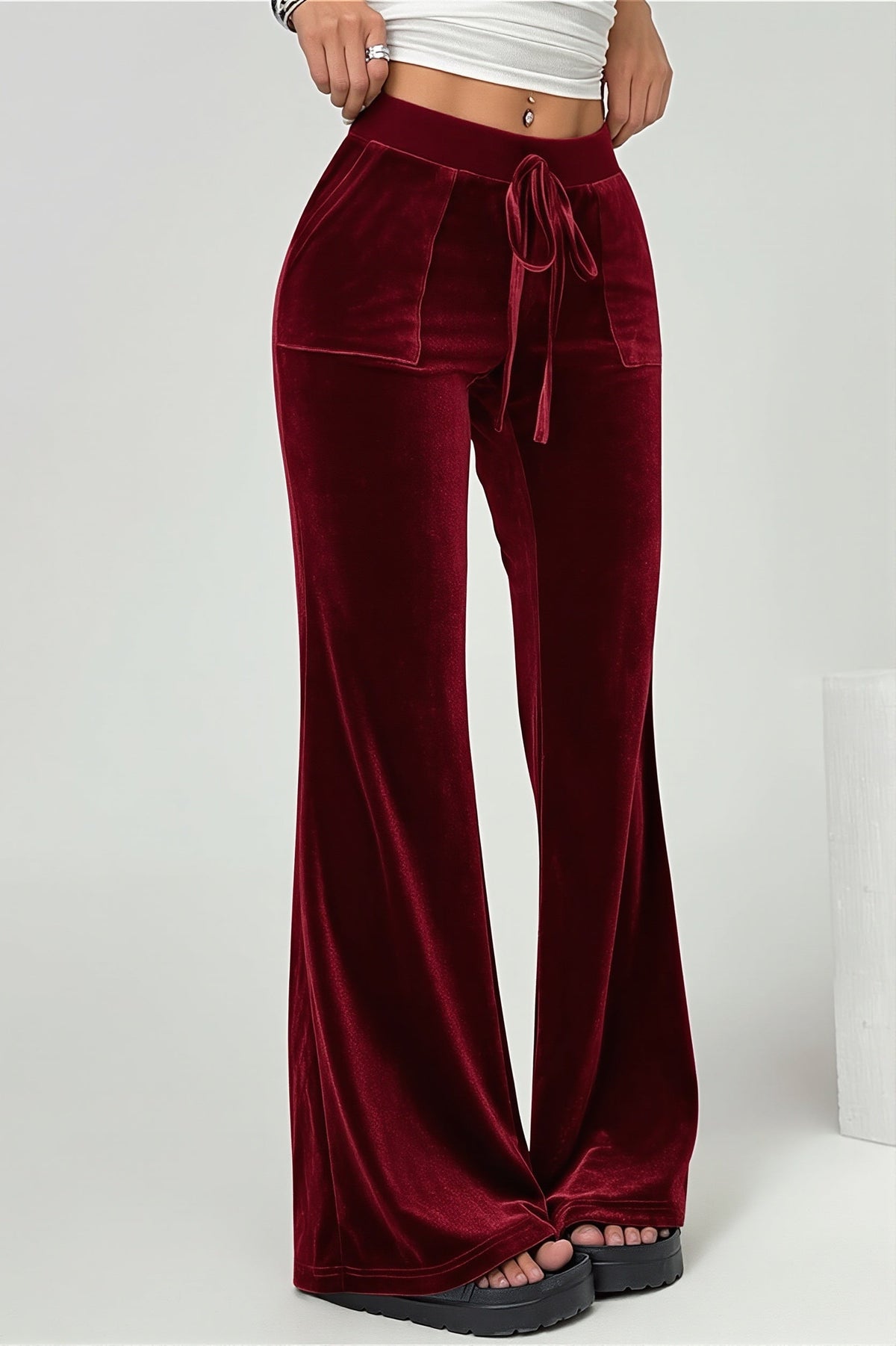 Velvet Look Drawstring Flared Pants