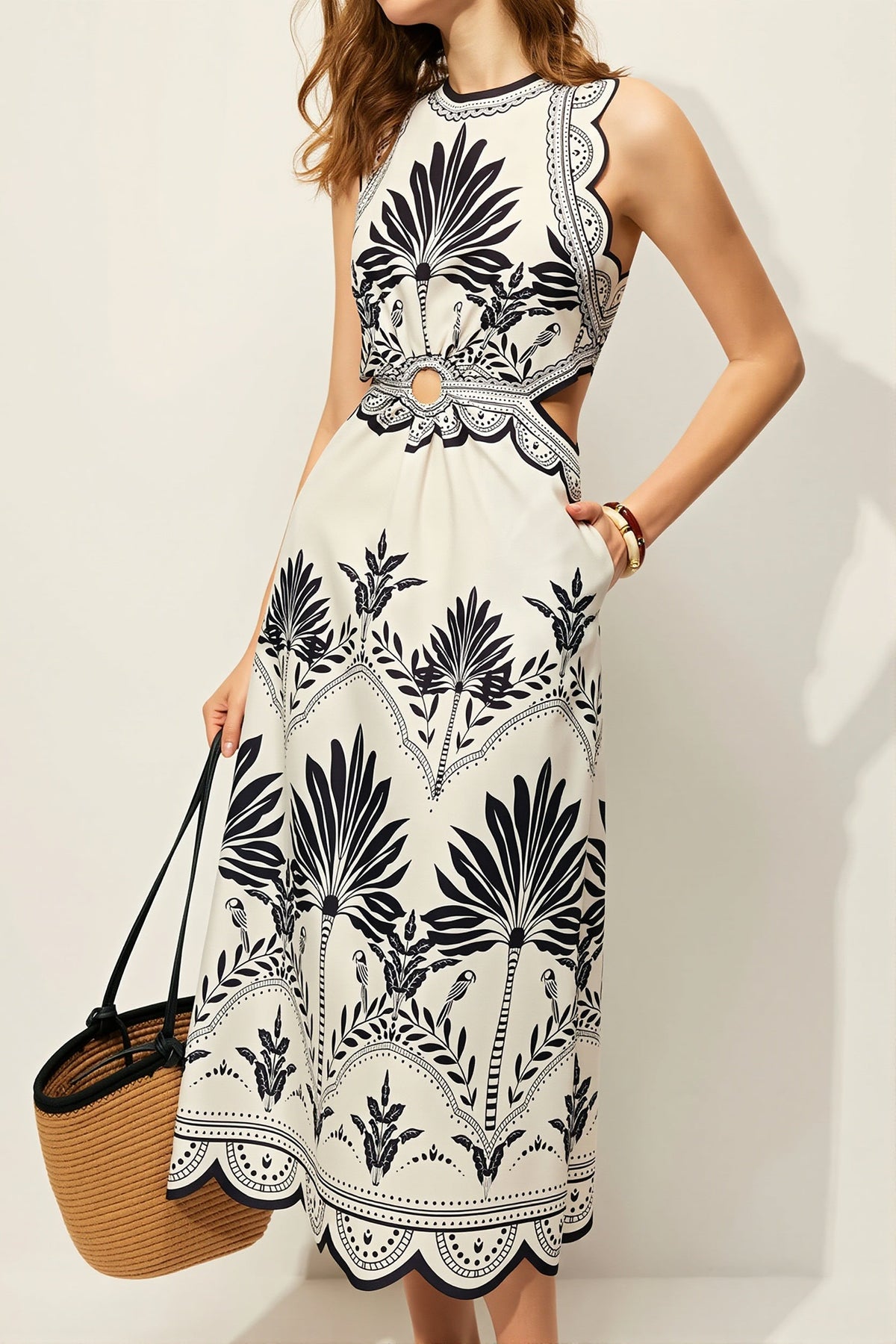 Palm Print Cut Out High Neck A-Line Midi Dress