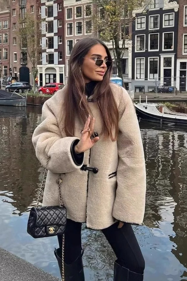 Round Neck Faux Fur Long Coat - Fashionpara