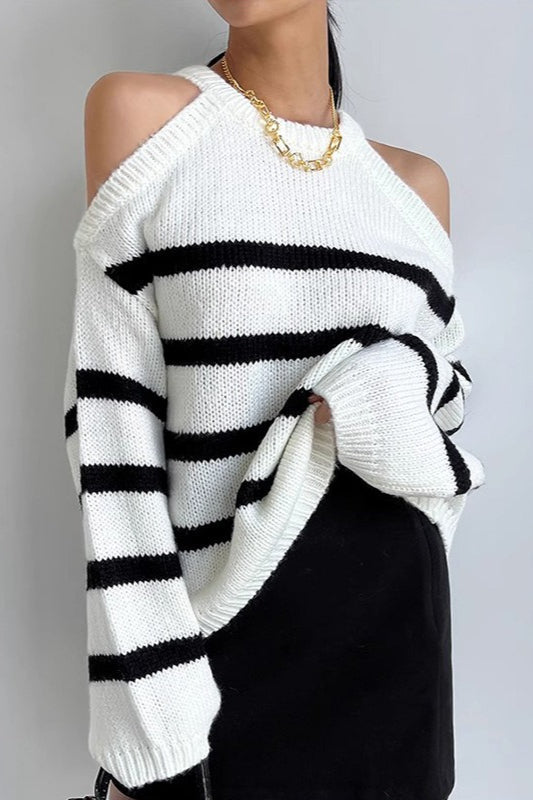 Striped Cutout Shoulder Knit Sweater