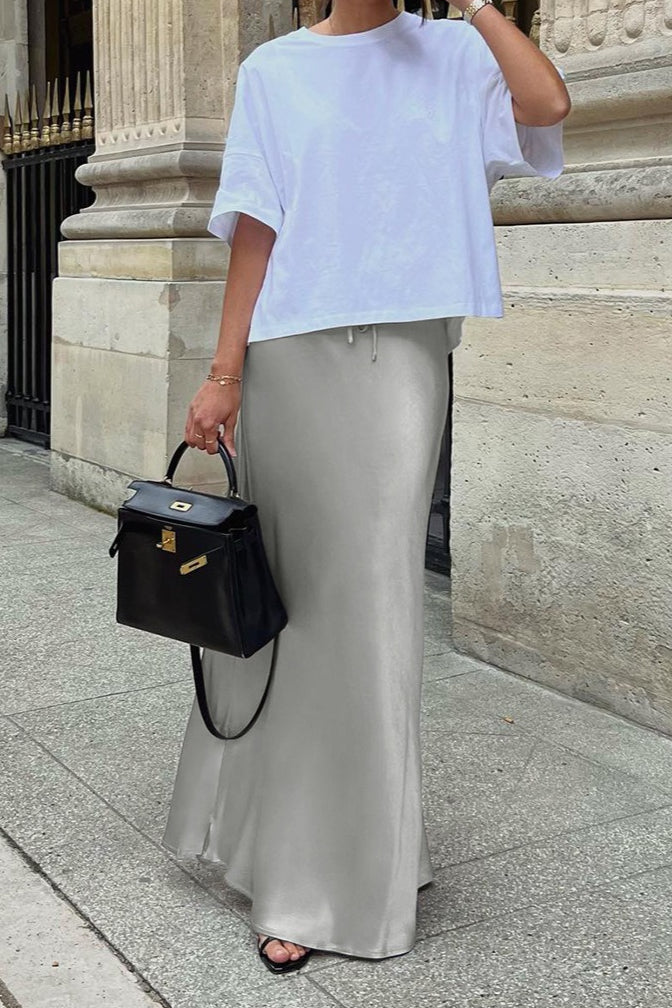 Drawstring Satin Gray Maxi Skirt