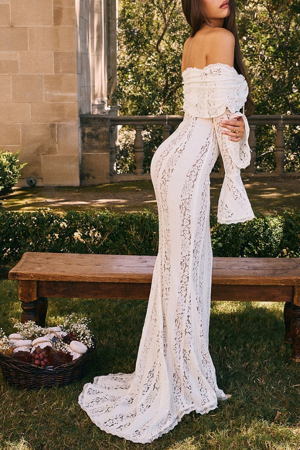 Leila Off Shoulder Floral Lace Flared Sleeve Fishtail Maxi Dress - View 3
