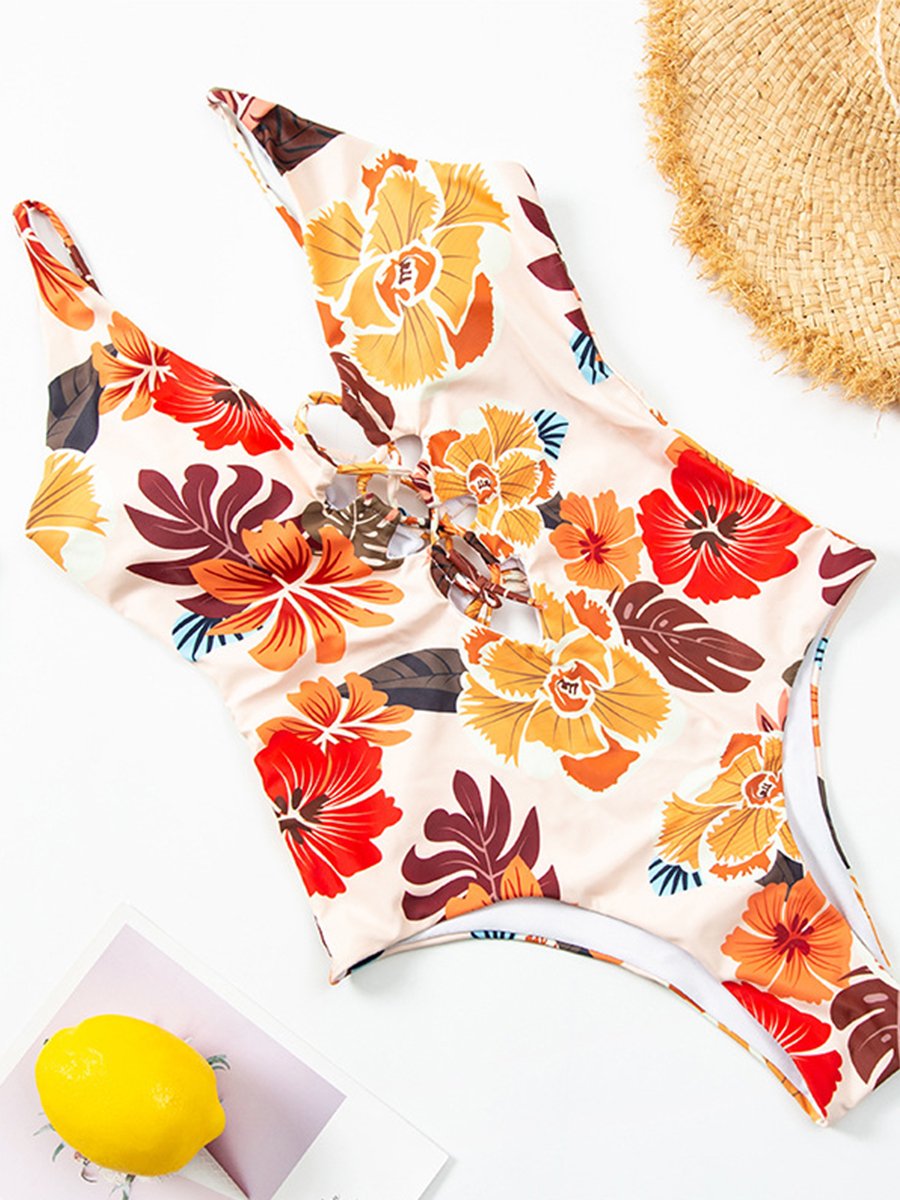 Cutout Flower Print One-piece Swimwear - Fashionpara