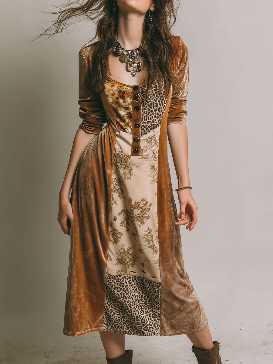 Vintage Velvet Leopard Floral Patchwork Print Shirt Midi Dress - Fashionpara