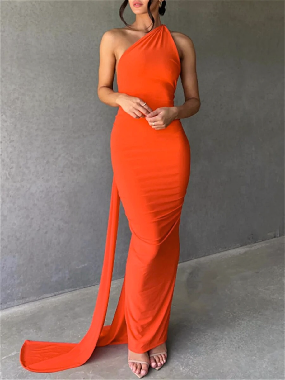 One-Shoulder Asymmetric Choker Neck Bodycon Maxi Gown 2