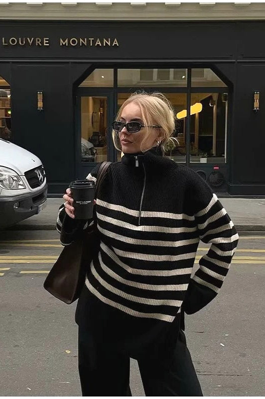 Laid-back Retro Lapel Half-zip Striped Sweater