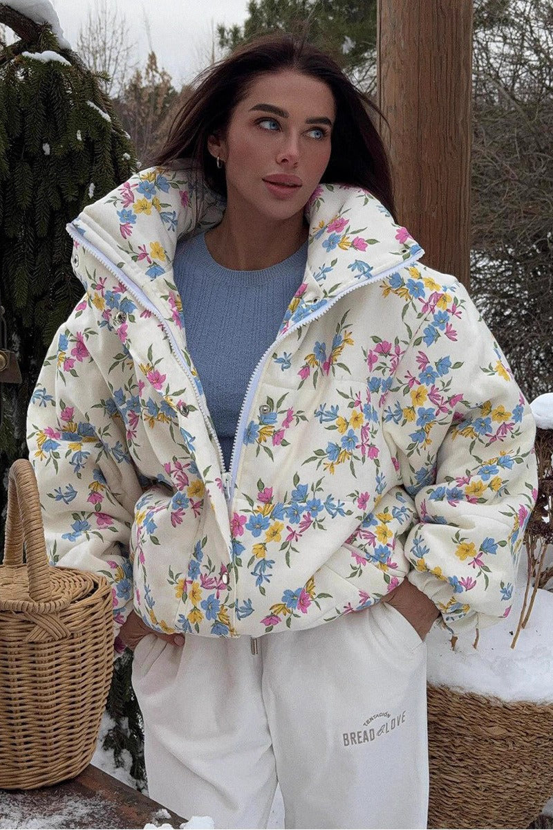 Printed Stand Collar Cotton Coat - Fashionpara