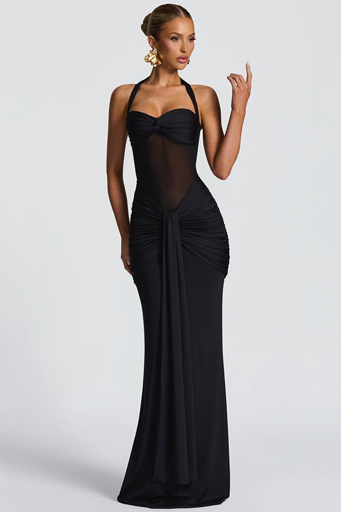 Halter Sweetheart Mesh-Cutout Ruched Mermaid Gown