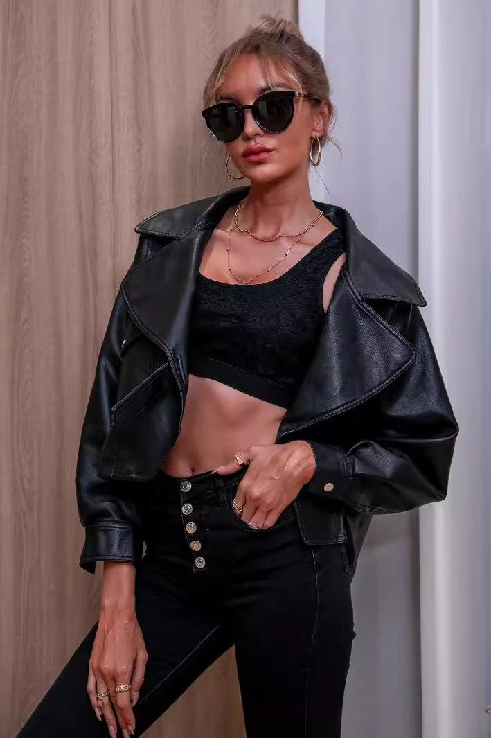 Black Short Faux Leather Collared Loose Jacket