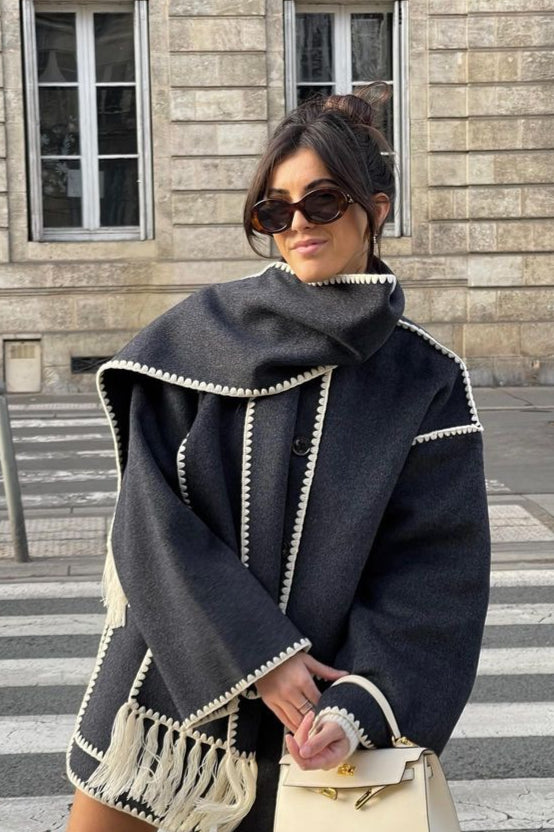 Wool Blend Scarf Fringe Coat