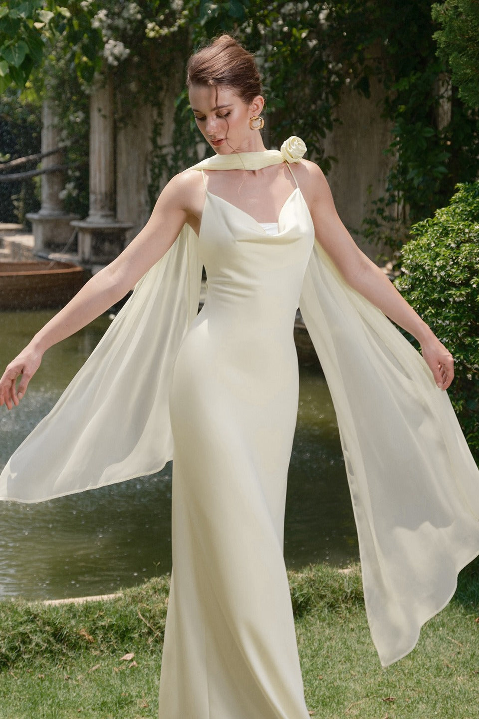 Satin Cowl Neck Spaghetti Strap Rosette Maxi Dress