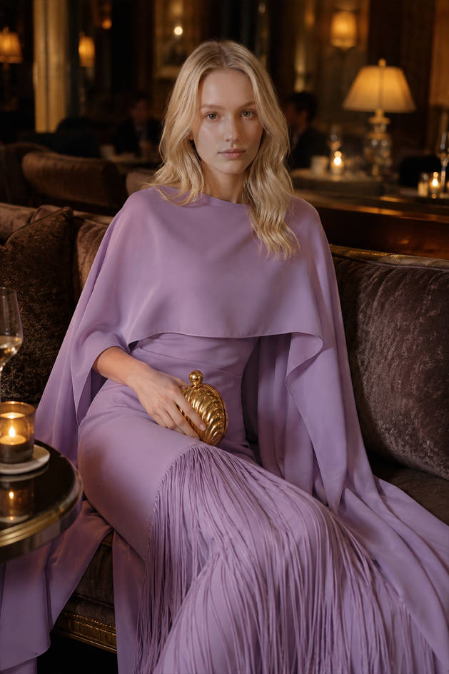 High Neck Long Sleeve Caped Fringe Maxi Gown
