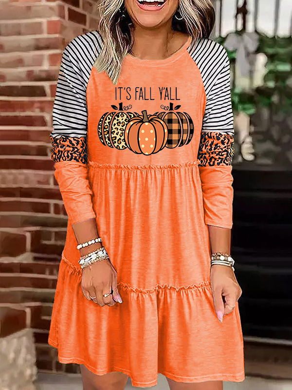 It's Fall Y'all Pumpkin Print Long Sleeve Dress  Fashionpara