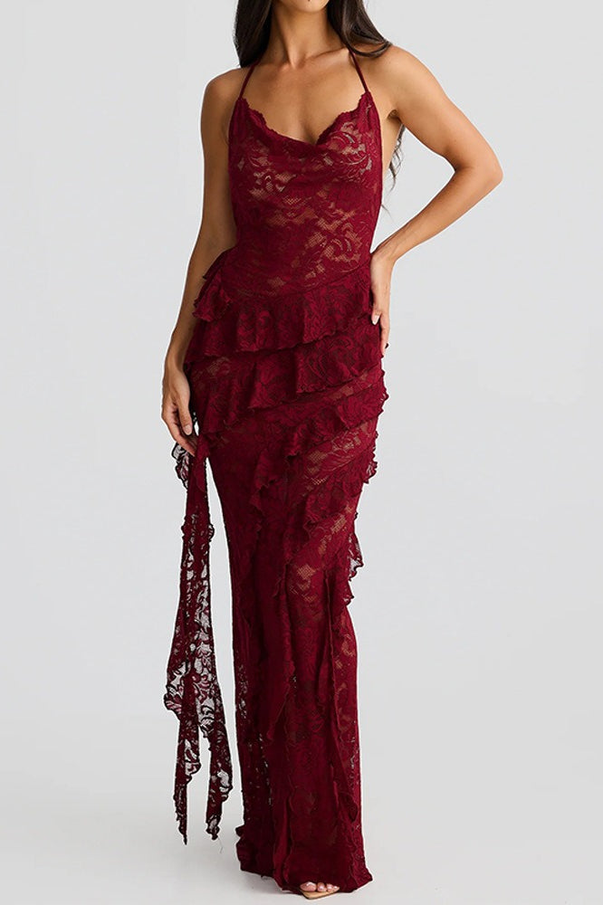 Sheer Lace Halter Neck Ruffle Backless Maxi Dress