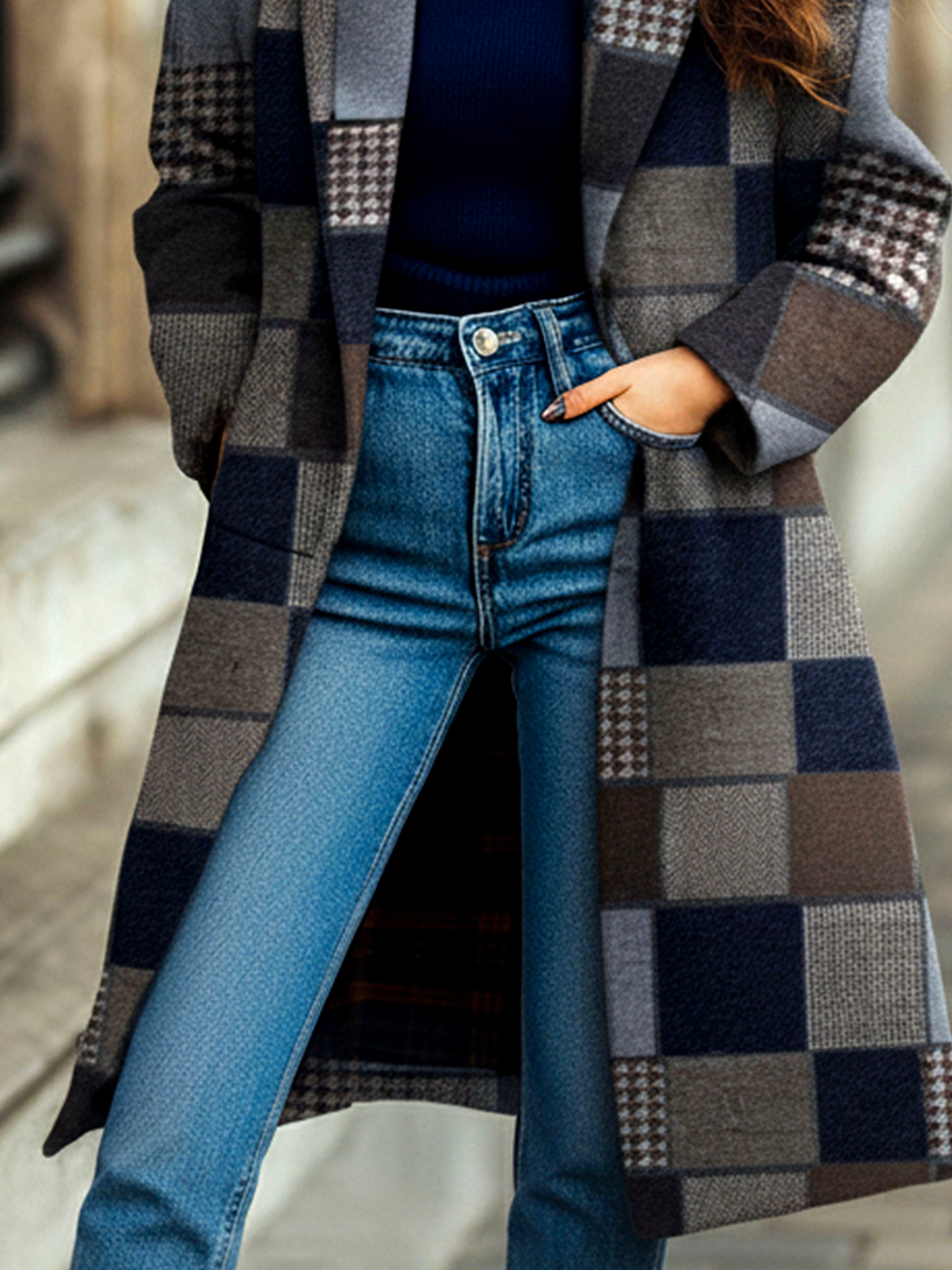 Vintage Lapel Collar Plaid Patchwork Wool Long Coat - Fashionpara
